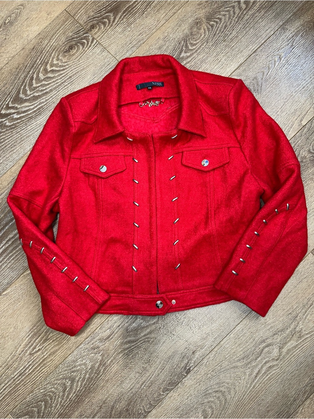 NESS Red Wool Blend Cropped Studded Jacket XXL